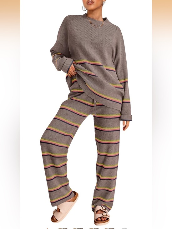Pants - Cozy Taupe Knit Lounge Set with Multicolor Stripes